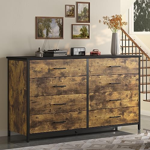 IKENO 8 Drawer Dresser, Industrial Wood Storage Dressers & Chests of Drawers with Sturdy Steel Frame, Storage Dresser for Bedroom Wood (Rustic Brown) - WoodArtSupply