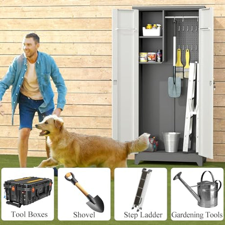 IRONFFICE Outdoor Storage Cabinet,Waterproof Outdoor Cabinet with Lockable Doors,Metal Garden Cabinet Storage Outdoor with with Sloping Roof for Garden,Patio,Lawn,Gray-Black IRONFFICE