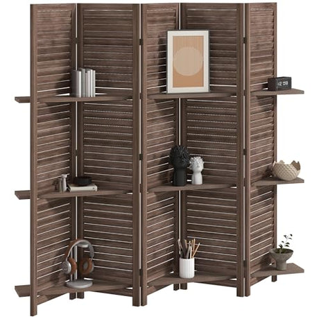 HOMCOM Room Divider, 5 Panel 67" Tall Wood Privacy Screen with 3 Display Shelves, and Folding Storage for Bedroom or Home Office, Walnut HOMCOM