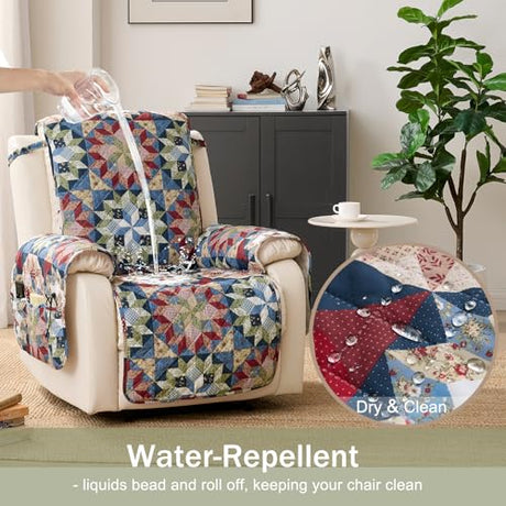 Chindar Patchwork Printed Recliner Chair Covers, Soft Quilted Lazy Boy Chair Covers, Pet Friendly Recliner Cover for Sofa Couches, Washable Armchair Slipcovers Covers (Recliner 22", Patchwork Red) Chindar