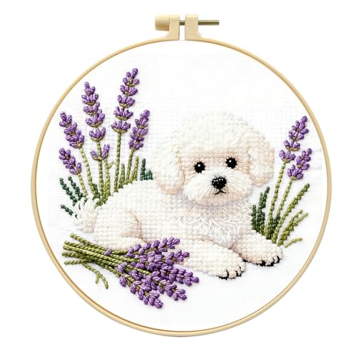 Zhenqing White Poodle Cross Stitch Kit with Lavender Bouquet, 11CT Printed 24x24cm, Beginner Embroidery Set with 20cm Hoop(70792)