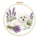 Zhenqing White Poodle Cross Stitch Kit with Lavender Bouquet, 11CT Printed 24x24cm, Beginner Embroidery Set with 20cm Hoop(70792)
