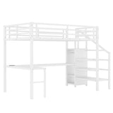Bellemave Full Size Metal Loft Bed with L Shaped Desk and Wardrobe, Heavy Duty Loft Bed Frame with Storage Stairs, LED Loft Bed Frame with Charging Station & Safety Guardrails, White Bellemave