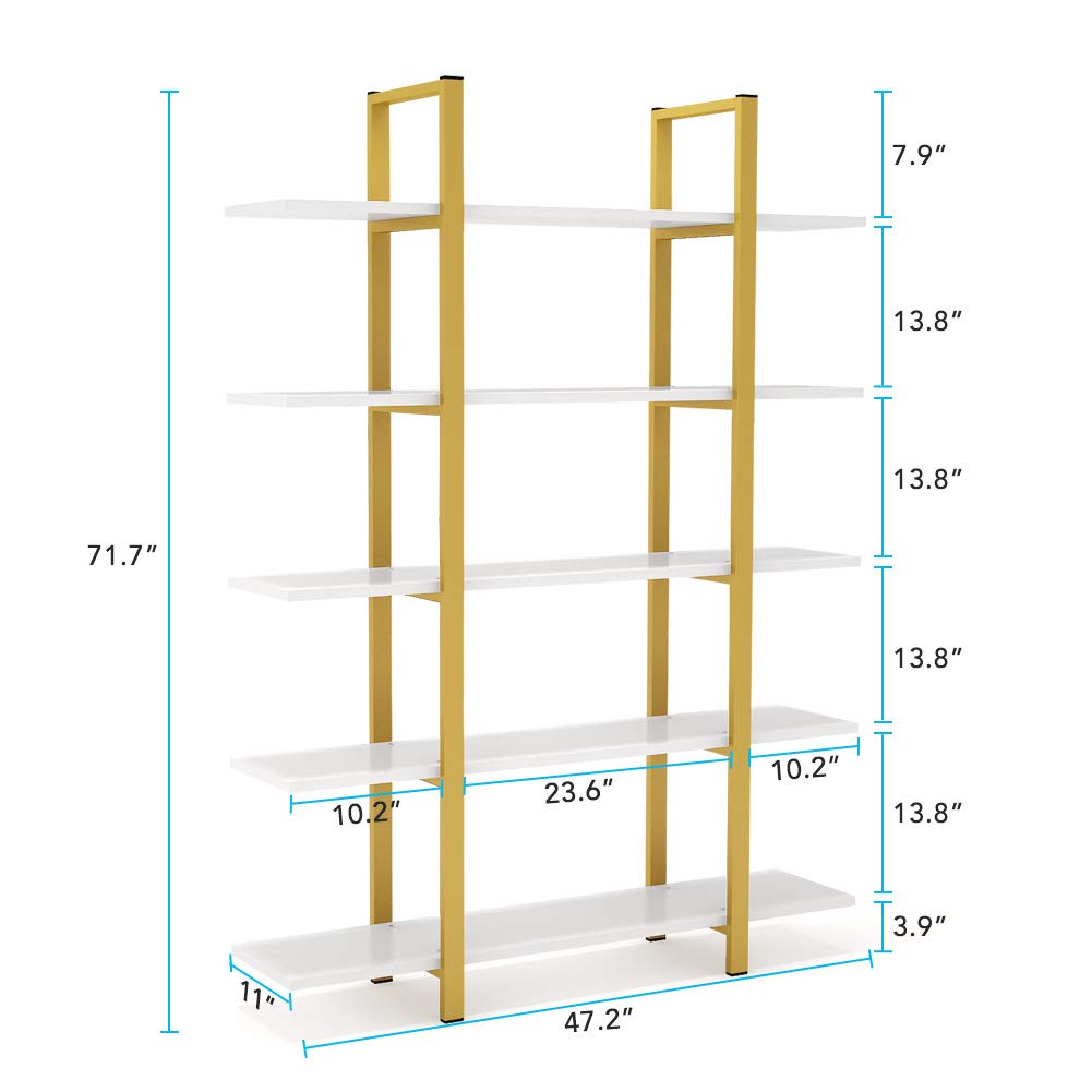 Tribesigns Vintage Industrial 5-Tier Bookshelf - Gold & White Etagere Bookcase 70" H x 47" L - WoodArtSupply