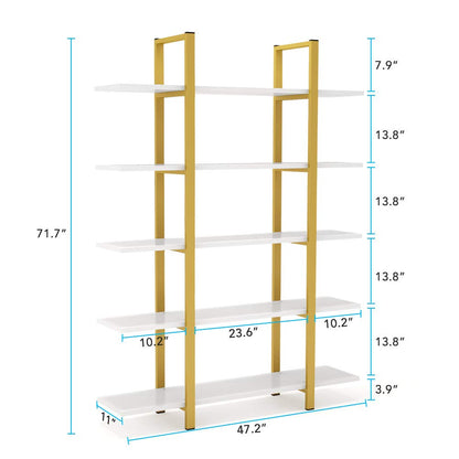 Tribesigns Vintage Industrial 5-Tier Bookshelf - Gold & White Etagere Bookcase 70" H x 47" L - WoodArtSupply