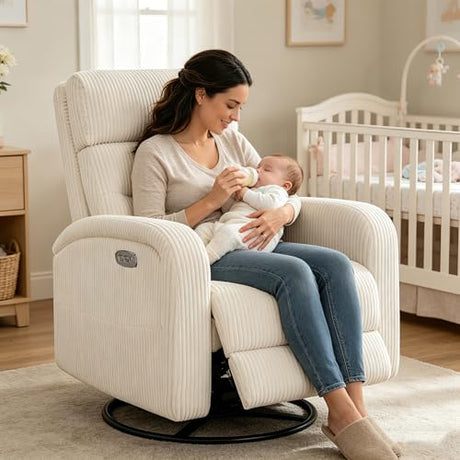 Power Swivel Rocker Recliner, Upholstered Glider Recliner Nursery Chair with Type-C & USB Port, Swivel Rocking Nursery Recliners with Double Pockets for Living Room Bedroom, Corduroy Cream White AEMEIOS