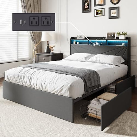 MALOL Bed Frame, Queen Bed Frame with Headboard & Storage Shelf, Metal Platform Bed Frame with 4 Storage Drawers, Built-in Charging Station, Led Light, Wood Bed Frame, No Box Spring Needed, Grey MALOL