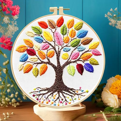 Zhenqing Rainbow Tree of Life Embroidery Kit for Beginners - 29x29cm Printed Fabric with Hoop & Full Tools (C0060)