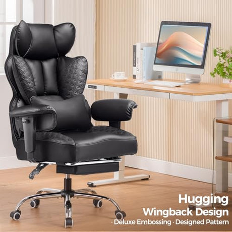 COMHOMA Big and Tall Office Chair 400LBS Wide Ergonomic Gaming Chair with Deluxe Embossing Designed Leather with Foot Rest,150°Reclining Adjustable Armrests Pocket Spring Back Support and Pillow COMHOMA