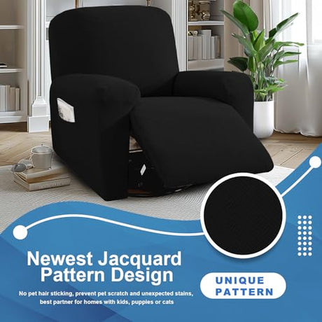 JIVINER 3 Piece Recliner Chair Cover Stretch Lazy Boy Non Slip Covers for Recliner with Pockets Soft Jacquard Reclining Sofa Slipcovers Furniture Protector with Elastic Bottom (1 Seater, Black) JIVINER