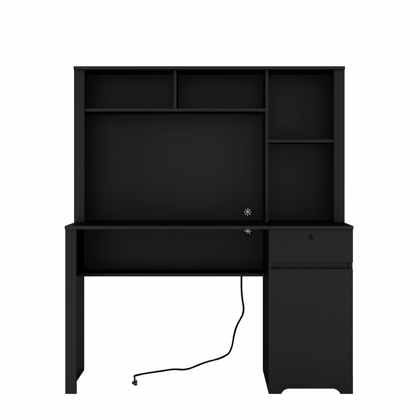 AMNOOI Black Computer Desk with Hutch & Bookshelf - Executive Style Desk with Lockable Drawer and USB Charging Ports - WoodArtSupply