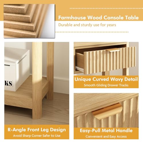 RUSTOWN Fluted Wood Console Table with 3 Drawers, Boho Narrow Behind Couch Entryway Table with Open Storage Shelf, Modern Sofa Table for Living Room, Foyer and Hallway (Natural Wood) RUSTOWN