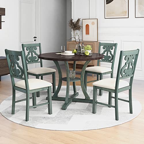 Merax 5 Piece Round Dining Table Set 4 Retro Chairs with Special-Shaped Table Legs, Exquisitely Designed Hollow Chair Back for Dining Room, Antique Blue Merax