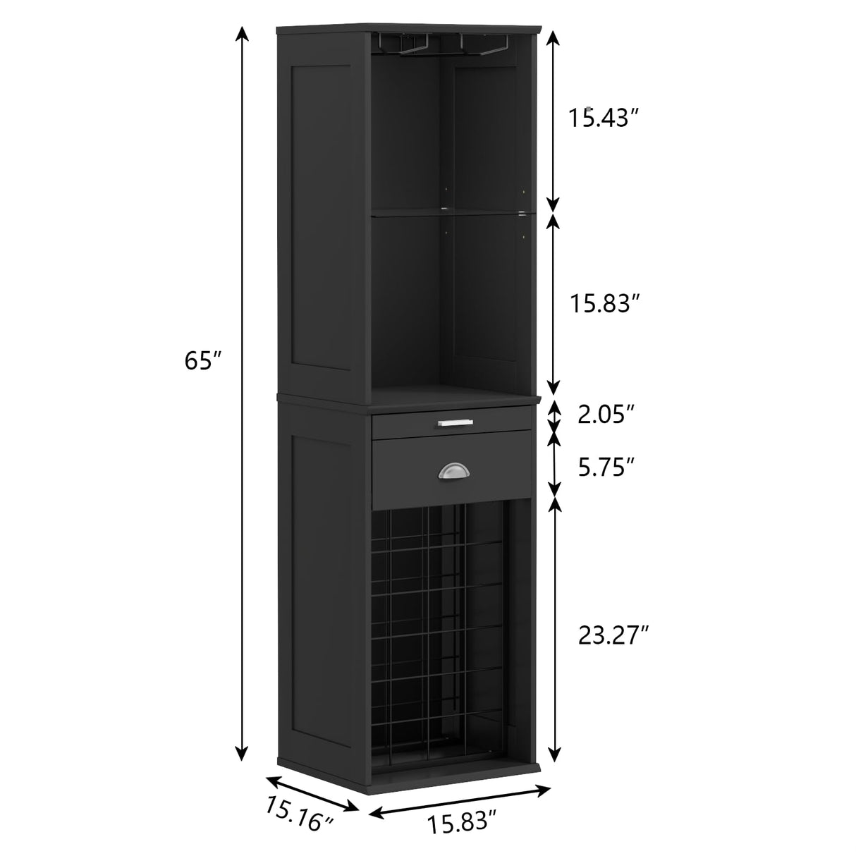 Loomie Wine Bar Cabinet with LED Lights, 65'' Tall Coffee Bar with 24 Wine Rack & Glass Holder, Freestanding Liquor Cabinet with Tray & Drawer & Adjustable Shelf (Black) Loomie