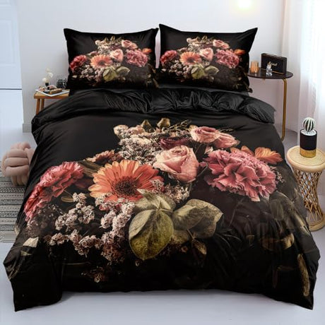 Holiyjog 3D Print Floral Duvet Cover King Size,Vintage Flower Bedding Set Dark Black Bed Set Comforter Cover for Girls Bedroom Decor, No Filler.… Holiyjog