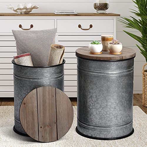 Rustic Storage Ottoman Seat Stool, Farmhouse Accent Side Table, Antique Galvanized Metal End Table Box Bin with Round Wooden Lid Set of 2 (Galvanized) - WoodArtSupply