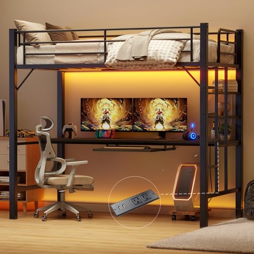Gizoon Twin Loft Bed with Desk, Metal Loft Bed Frame with LED Lights & Charging Station, Storage Shelf, Pull-Out Keyboard, Ladder and Safety Guardrail, Space-Saving, No Box Spring Needed, Black Gizoon