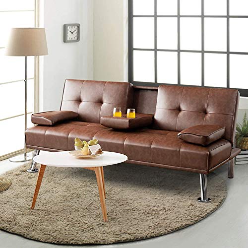 ARLIME Convertible Futon Sofa Bed, Faux Leather Sofa Sleeper W/Adjustable Backrest, Folding Cup Holder, Removable Armrests, Steel Leg, Modern Style Sofa Bed for Livingroom, Office, Apartment (Brown) ARLIME