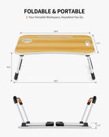 FISYOD Foldable Laptop Table, Portable Lap Desk Bed Table Tray, Laptop Stand with Cup Holder & Tablet Slot & Lifting Handle for Working Writing Drawing & Eating (Wood) FISYOD