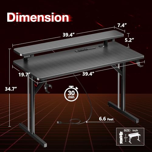 MOTPK Small Gaming Desk with LED Lights & Power Outlets, 39 Inch Computer Desk Gaming Table with Monitor Shelf, Gamer Desk with Carbon Fiber Texture, Kids Boys Desk Gift for Men MOTPK