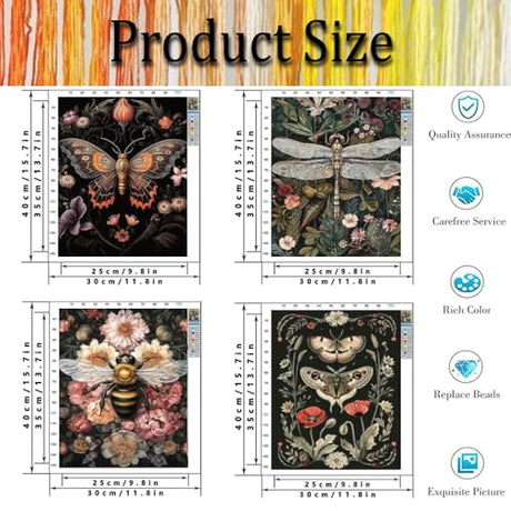 4 Pack Stamped Cross Stitch Kits for Adults - Cross Stitch Kits for Beginners,11 CT Insect Flowers Cross Stitch Patterns Dimensions DIY Counted Cross Stitch Kits for Adults Arts Craft 12x16 inch Tiwabb