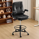 Karl home Drafting Chair Height Adjustable for Standing Desk, PU Upholstered Tall Office Swivel Desk Chair with Flip-Up Armrests, Ergonomic Lumbar Support, Adjustable Foot Ring, Black Karl home