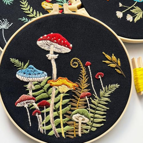 Myfelicity Embroidery Kit with Mushroom Patterns, 3 Hoops, Fabric, Threads, Needles, Instructions (red) Myfelicity