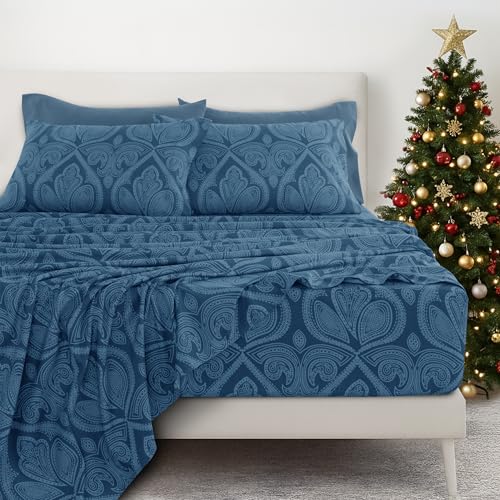 Ultra Soft Wrinkle-Free Microfiber Paisley King Sheet Set, Breathable Boho Bed Sheet Set – 16" Deep Pocket Fitted Sheet, Flat Sheet & 4 Pillowcases, Juegos de Sábanas, OEKO-TEX - Navy Blue LDC LUX DECOR COLLECTION