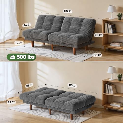 Marsail 65" Futon Sofa Bed, Convertible Small Recliner Sleeper Sofa Bed with Adjustable Backrest, Corduroy Loveseat Futon Couch for Small Apartments, Living Room Office, Guest Room (Grey) Marsail