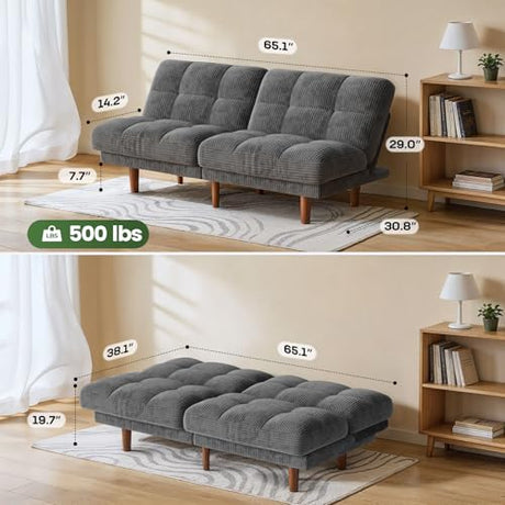 Marsail 65" Futon Sofa Bed, Convertible Small Recliner Sleeper Sofa Bed with Adjustable Backrest, Corduroy Loveseat Futon Couch for Small Apartments, Living Room Office, Guest Room (Grey) Marsail