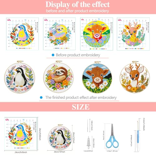 Zhenqing 4-Piece Animal Cross Stitch Kit for Beginners - Complete Set with Pre-Printed 11CT 24x24cm Fabric, Hoop & Tools (Penguin, Sloth, Cow, Deer Designs)(70405)