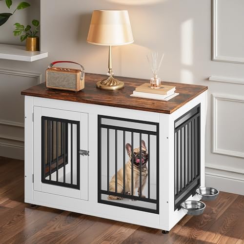 DWVO Dog Crate Furniture with Adjustable Feet & Removable Bowls, 35 Inch Dog Kennel Indoor Furniture End Table for Dogs, Modern Decorative Wooden Cage, Chew-Resistant, White DWVO