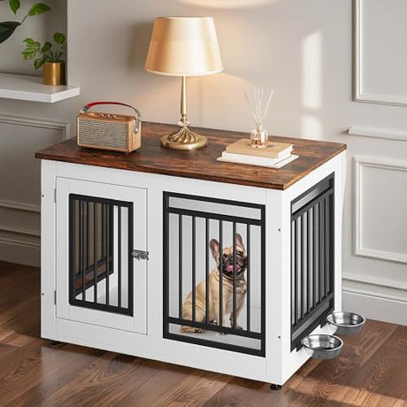 DWVO Dog Crate Furniture with Adjustable Feet & Removable Bowls, 35 Inch Dog Kennel Indoor Furniture End Table for Dogs, Modern Decorative Wooden Cage, Chew-Resistant, White DWVO