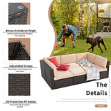 Shintenchi 6 Pieces Patio Furniture Sets Outdoor All-Weather Sectional Patio Sofa Set PE Rattan Manual Weaving Wicker Patio Conversation Set with Glass Table&Ottoman Cushion and Red Pillows, Beige Shintenchi