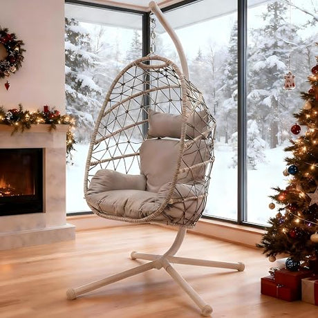 RoyalCraft Hanging Egg Chair Outdoor Swing Chair with Stand, Hammock Chair Indoor, Patio Boho Wicker Hanging Chair with Stand 350lbs Capacity for Garden, Balcony, Bedroom, Beige & Gray RoyalCraft