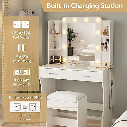 Vanity Desk with Lights,Makeup Vanity with Power Strip,Dressing Table Set with 2 Large Drawers,Vanity Mirror 3 Lighting Color Adjustable,White - WoodArtSupply