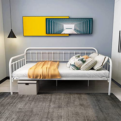 HOMERECOMMEND Multi-Purpose Metal Daybed Frame Heavy Duty Metal Slats Sofa Bed Platform Mattress Foundation Economic Day Bed White Color Twin Size.