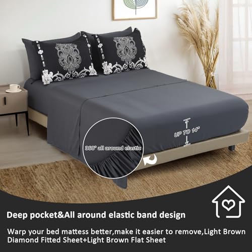 Mybedsoul King Size comforter set, 7 Pieces Boho Bed in a Bag for King Bed, Black Damask Comforter Set with Sheet, Pillowcases & Shams, Soft Microfiber Lightweight Bedding Set for All Season(90"x104") Mybedsoul