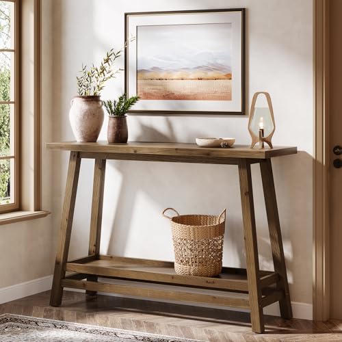 TRIBEWOOD 41.3" Farmhouse Console Table, Solid Wood Entryway Table with Storage Shelf, 2 Tiers of Narrow Behind Couch Sofa Furniture for Living Room, Hallway, Foyer, Easy Assembly, Brown TRIBEWOOD