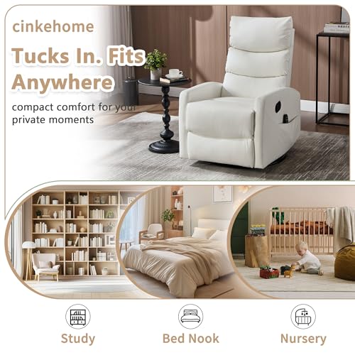 cinkehome Swivel Rocker Recliner Chair, Upholstered Nursery Glider Recliner Chair with Heated Massage, High Back, Side Pocket (White PU Leather)