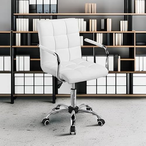 Yaheetech White Desk Chairs with Wheels/Armrests Modern PU Leather Office Chair Midback Adjustable Home Computer Executive Chair 360° Swivel Yaheetech