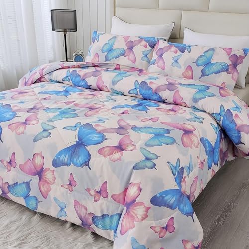 SDIII 3PCS Colorful Butterfly Comforter Set Full, Soft Microfiber Lightweight Full Butterfly Comforter, Butterflies Bedding for Girls Boys Kids Teens SDIII