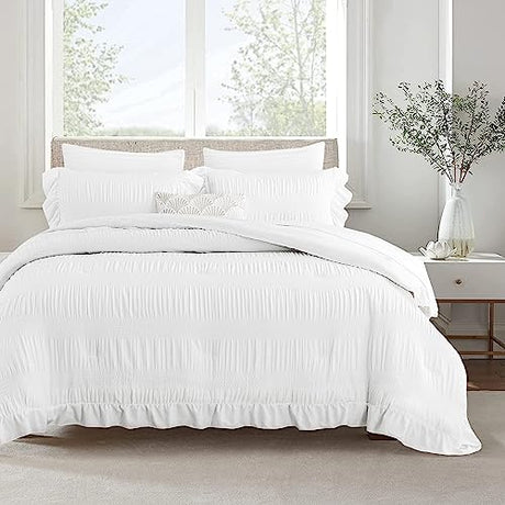 ALEISSEL White Twin Comforter Set, Seersucker Vintage Comforter Soft Bedding Set Twin Size 3 Piece Set, Down Alternative Light Weight Comforter Set (White, Twin 68"x90") ALEISSEL