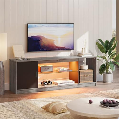 Bestier LED TV Stand for 55/60/65 Inch TV, Gaming Entertainment Center with Cabinet for PS5, Modern TV Cabinet with Adjustable Glass Shelves for Living Room, Bedroom 58 Inch, Grey Wash