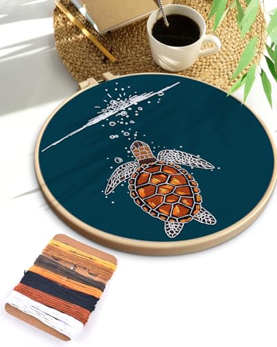 TINDTOP Embroidery Kit for Beginners Adult, Turtle Embroidery Practice Kit for Beginners Include Embroidery Cloth Hoops Threads for Craft Lover Hand Stitch with Embroidery Skill Techniques TINDTOP