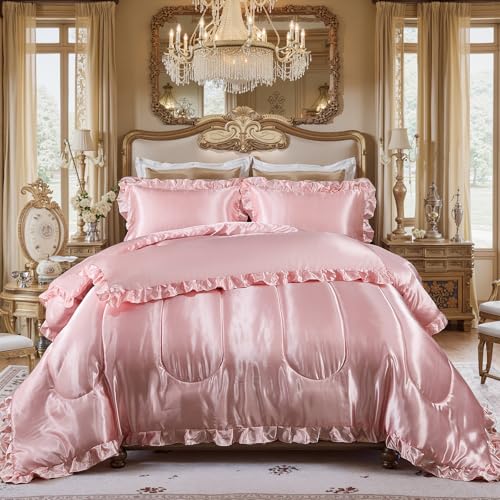 Satin Queen Comforter Set Silk Like Satin Bedding Set Hotel Soft Polyester Pink Bed Set Luxury Silky Pillow Cover with Quilt Set Ruffle Down Comforter Home Decor Bedding_Dreamer