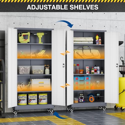 Fesbos Metal Rolling Storage Cabinet-74.6” Tall Steel File Cabinets with Wheels Lockable Doors and Adjustable Shelves-Gray & White Steel Storage Cabinet for Home, School, Office, Garage Fesbos