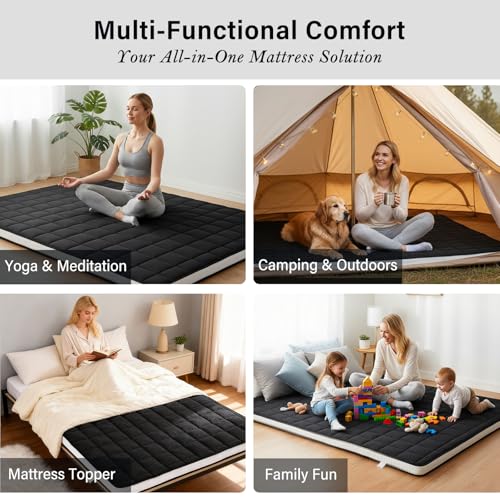 Tiita Japanese Floor Mattress, 4” Thicken Futon Mattress with Storage Bag and 2 Straps，Queen Size Sleeping Tatami Mat for Adults，Black Tiita