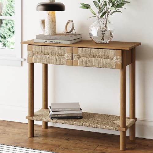 Nathan James Beacon Wooden Sofa Console Table with Drawers, Bohemian Entryway Table, Hallway Table with Seagrass Shelf, Light Brown Nathan James