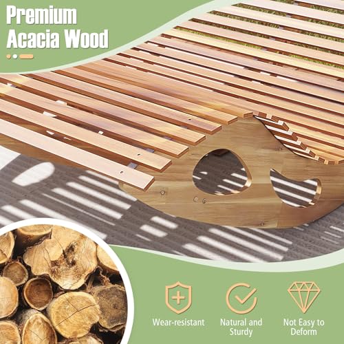 Tangkula Outdoor Double Chaise Lounge Chair, Acacia Wood Rocking Sunbed with Slatted Backrest and Seat, Wooden Loveseat Rocker for Patio, Garden and Poolside